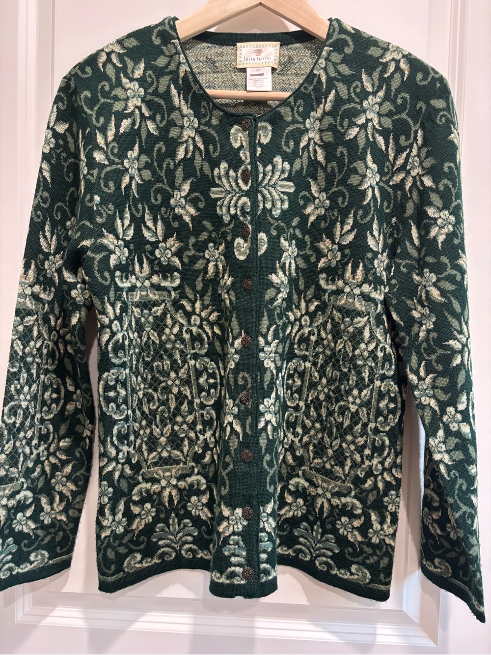 Vintage Susan Bristol Green and Cream Floral Knit Cardigan